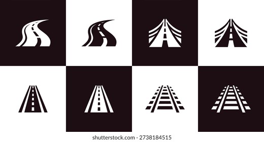 Four outline vector icons depicting various transportation routes, including winding asphalt roads, straight highways, and rail lines for travel and logistics concepts.