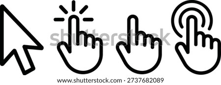 Four outlined black icons showing a mouse pointer and clicking hand gestures for interactive web and app designs.