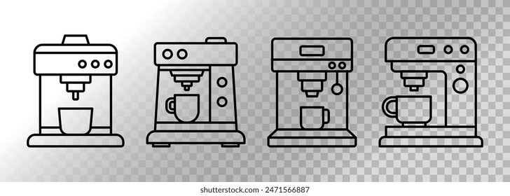 Four outlined icons of coffee makers brewing coffee into mug. For social media logo, user interface, barista, cafe owner or coffee lover.