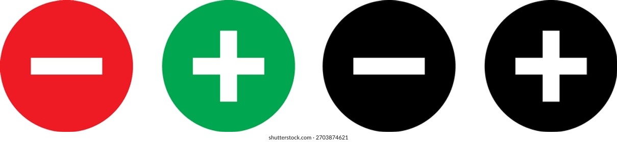 Quatro formas ovais são exibidas horizontalmente. Dois são vermelhos e pretos com um símbolo de menos, e dois são verdes e pretos com um símbolo de mais.