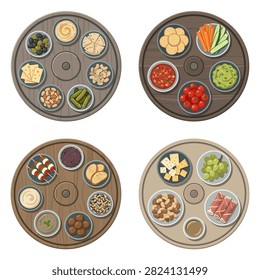 Four overhead views of circular platters containing small bowls of appetizers and snacks