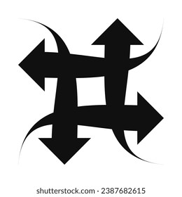 Four overlapping curly arrows, silhouette icon. An arrangement of black arrow symbols. Isolated on a white background.