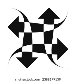 Four overlapping, negative space curly arrows. An arrangement of black arrow symbols. Isolated on a white background.