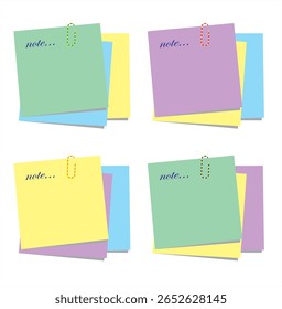 "Four overlapping pastel sticky notes with paper clips, labeled 'note', arranged in a casual, overlapping layout."