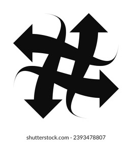 Four overlapping wavy arrows, silhouette icon. An arrangement of black arrow symbols. Isolated on a white background.