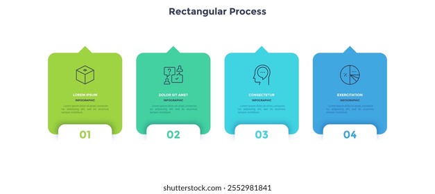 Cuatro cartas superpuestas con flechas colocadas en fila Horizontal. Concepto de 4 etapas del proceso de gestión estratégica. Plantilla de diseño infográfico plano moderno. Ilustración vectorial simple para la presentación.