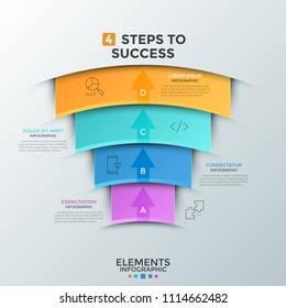 Four overlaying colorful arch-like elements with thin line icons, upward pointed arrows and place for text. Concept of 4 steps to business success. Infographic design template. Vector illustration.