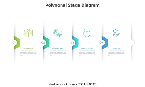 Four overlaying paper white cards with polygonal elements placed in horizontal row. Concept of 4 features of project management. Modern flat infographic design template. Minimal vector illustration.