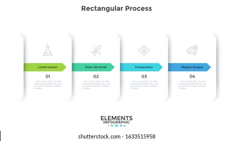 Four Overlaying Paper White Rectangular Elements Or Cards Placed In Horizontal Row. Concept Of 4 Stages Of Marketing Strategy. Simple Infographic Design Template. Vector Illustration For Presentation.