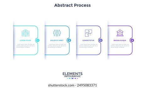 Cuatro Elementos rectangulares superpuestos colocados en fila Horizontal. Concepto de 4 etapas del proceso de desarrollo del proyecto. Simple Plantilla de diseño de infografía. Ilustración vectorial plana moderna para el Anuncio.