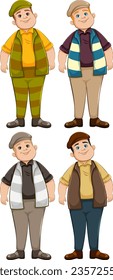 Four overweight young men stand together, smiling and isolated on a white background