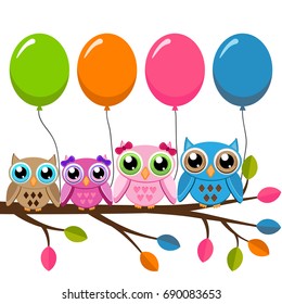 Four owls on a branch with air balloons