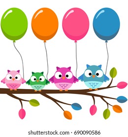 Four owls on a branch with air balloons