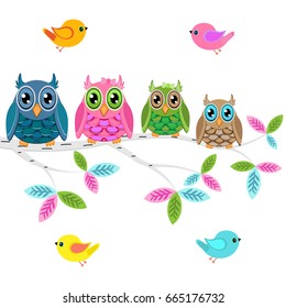 Four owls on a branch with birds