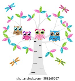 Four owls on a tree with dragonflies