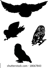 four owls silhouettes isolated on white background