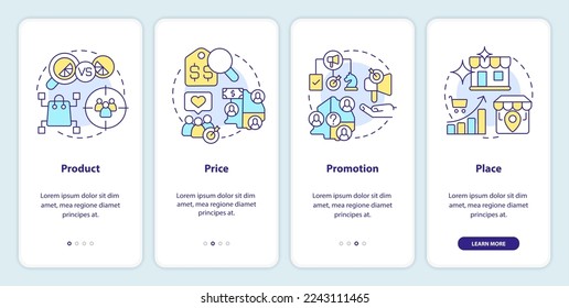 Four P marketing mix onboarding mobile app screen. Walkthrough 4 steps editable graphic instructions with linear concepts. UI, UX, GUI template. Myriad Pro-Bold, Regular fonts used