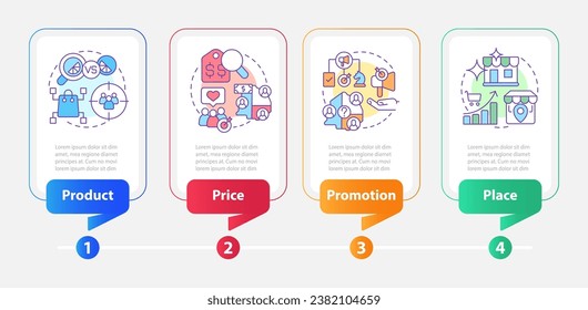 Plantilla infográfica de rectángulo de mezcla de marketing de cuatro P. Visualización de datos con 4 pasos. Gráfico de información de línea de tiempo editable. Diseño de flujo de trabajo con iconos de línea. Multitud de tipos de letra Pro-Bold, con uso regular