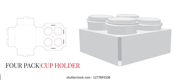 Four Pack Template, Vector with die cut / laser cut layers. Coffee Cup Holder Four Pack Cup, Glass, r. White, clear, blank, isolated Beer Carrier mock up on white background. Self Lock, Cut and Fold