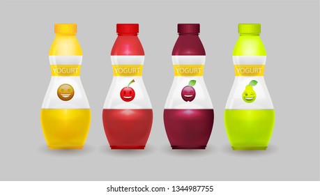 Four packs of yogurt of different tastes. Vector realistic yogurt jars templates. Plastic jars with yogurt.