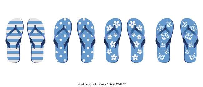 Four pair of different flip flops - blue white colors on transparent background