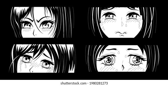 Four pairs of Asian Eyes look. Manga style. Japanese cartoon Comic concept. Vector design for t-shirt graphics, banner, fashion prints, slogan tees, stickers, flyer, posters and other creative uses