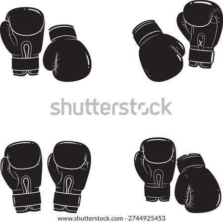 Four pairs of black boxing gloves arranged in different configurations on a white background