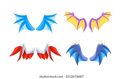 Four pairs of colorful fairy or dragon wings are spreading widely, showcasing their intricate designs