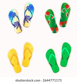 Four pairs of colorful flip-flops, each with unique patterns
