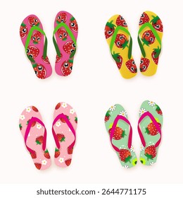 Four pairs of colorful flip-flops, each with unique patterns