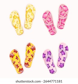 Four pairs of colorful flip-flops, each with unique patterns