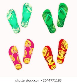 Four pairs of colorful flip-flops, each with unique patterns