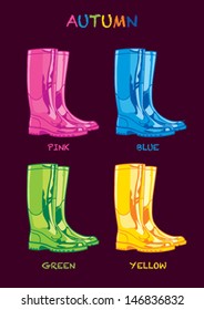 four pairs of colorful gumboots on a dark red background