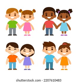 Four Pairs Of Cute Cartoon Boys And Girls Holding Hands. Little Friends Or Siblings. Caucasian, Black And Asian.