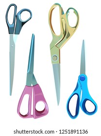 Four pairs of large scissors on a white background. Scissors for sewing and cutting clothes from metal. Office scissors, office metal scissors and pastas handles.