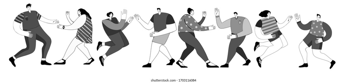 Four pairs of people dancing on a disco party in different positions, lifestyle, leisure, hobby. Vector illustration 