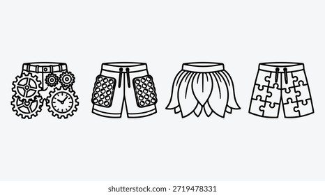 Vier Paar Shorts mit verschiedenen Designs und Mustern darauf