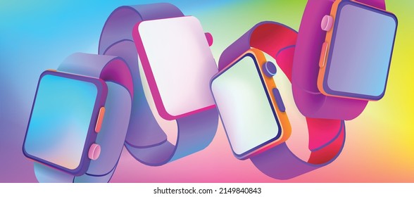 Four pairs of smart watches on a bright colored background. Vector banner