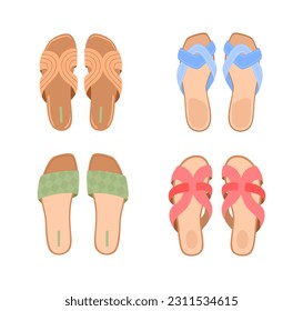 Four pairs of summer leather mule shoes with  braided strap and comfortable flat soles. Vector illustration of women's sandals on white background. View from above.