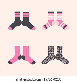 four pairs of vector socks on a light pink background: two-tone socks, striped, grey, pink, with hearts and inscriptions kiss