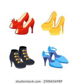 Vier Paar Damenschuhe mit High Heels, verschiedenen Farben und Modellen, perfekt für die Illustration von Modekonzepten.