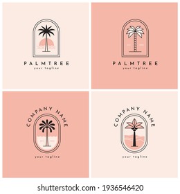 Four palm tree vector logo, emblem set. Tropical nature, paradise symbol.