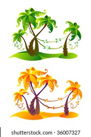 Four palm trees with sand and lians. Vector file.