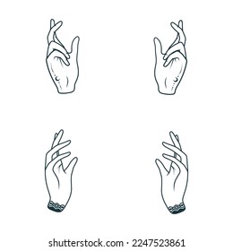 Four palmistry hands set. Hand drawn vector illustration  isolated on white background. 