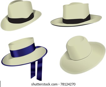 Four Panama hats isolated on white background, vector