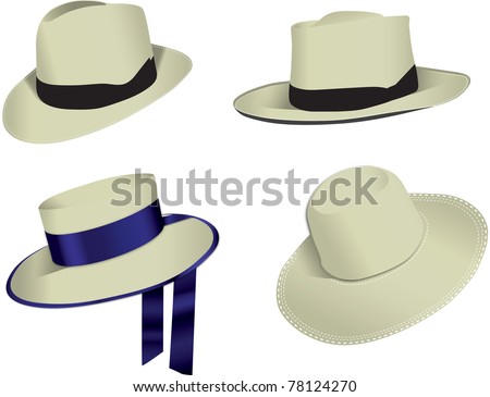 Four Panama hats isolated on white background, vector