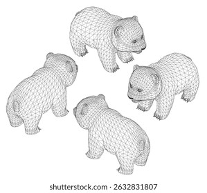 Four Panda are standing in a circle. The Panda are all same sizes and are all facing the different direction. Isometric view. 3D