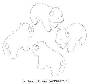 Quatro Panda estão em uma fila. São todos brancos e não têm marcas. Os Panda estão olhando em direções diferentes, com um olhando para a esquerda, um para a direita, um para a frente. Isométrica v