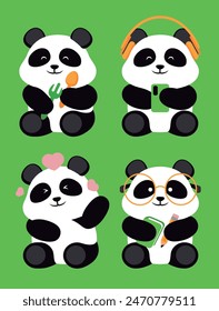 Vier Pandas niedliches flaches Design