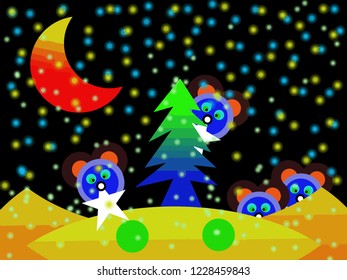 Four pandas are hidden near the Christmas tree and on the Christmas tree. In the night the snow is falling.
